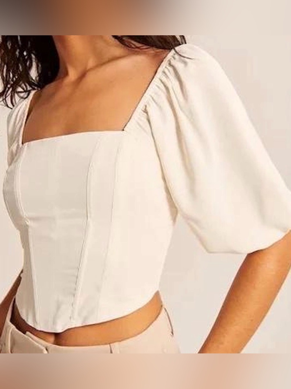 Abercrombie & Fitch Cream Square-Neck Corset Top with Puffy Sleeves